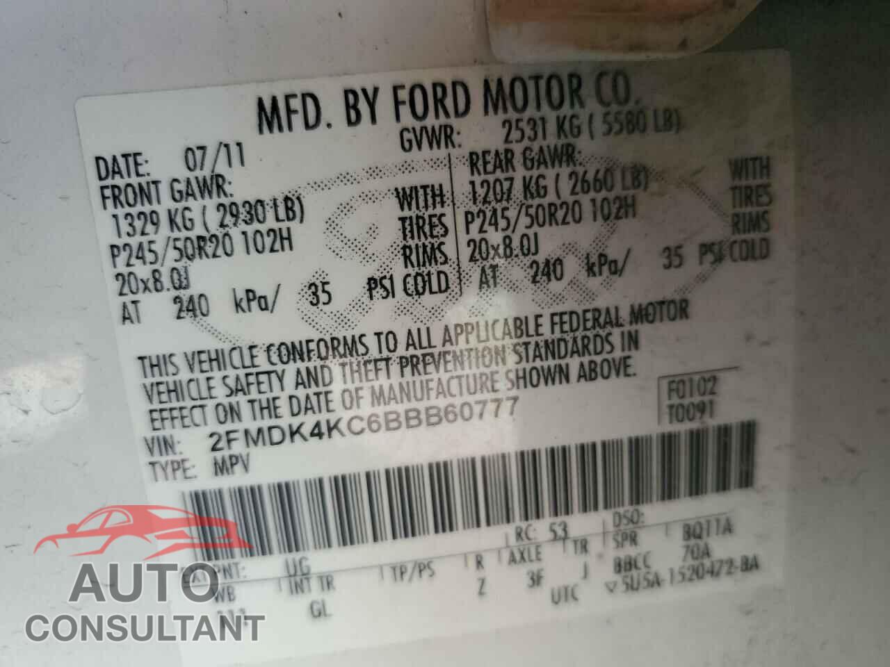 FORD EDGE 2011 - 2FMDK4KC6BBB60777