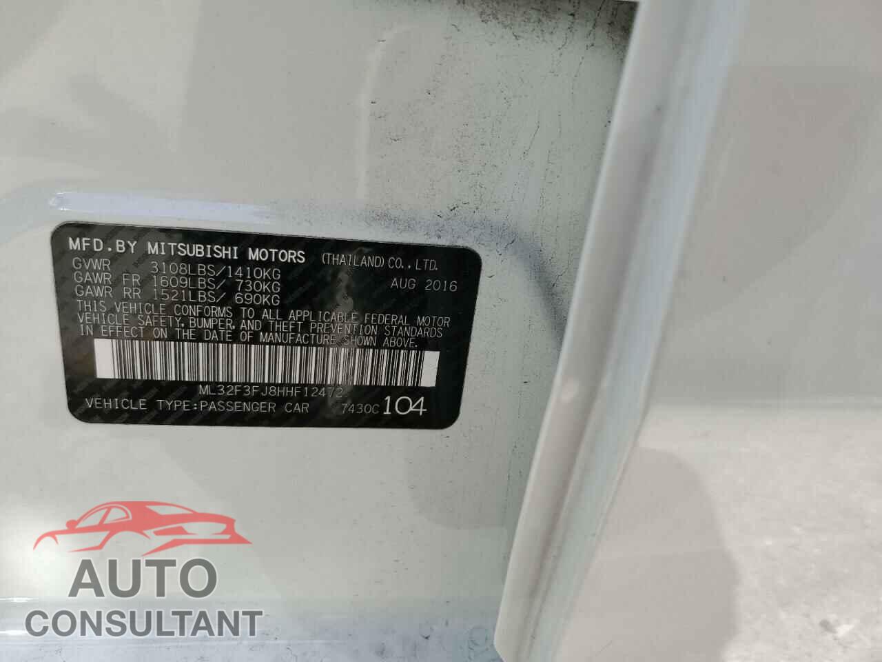 MITSUBISHI MIRAGE 2017 - ML32F3FJ8HHF12472