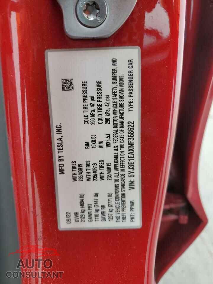 TESLA MODEL 3 2022 - 5YJ3E1EAXNF368622