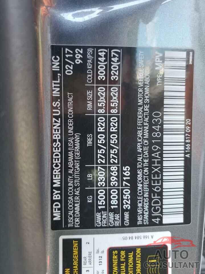 MERCEDES-BENZ GLS-CLASS 2017 - 4JGDF6EEXHA918430