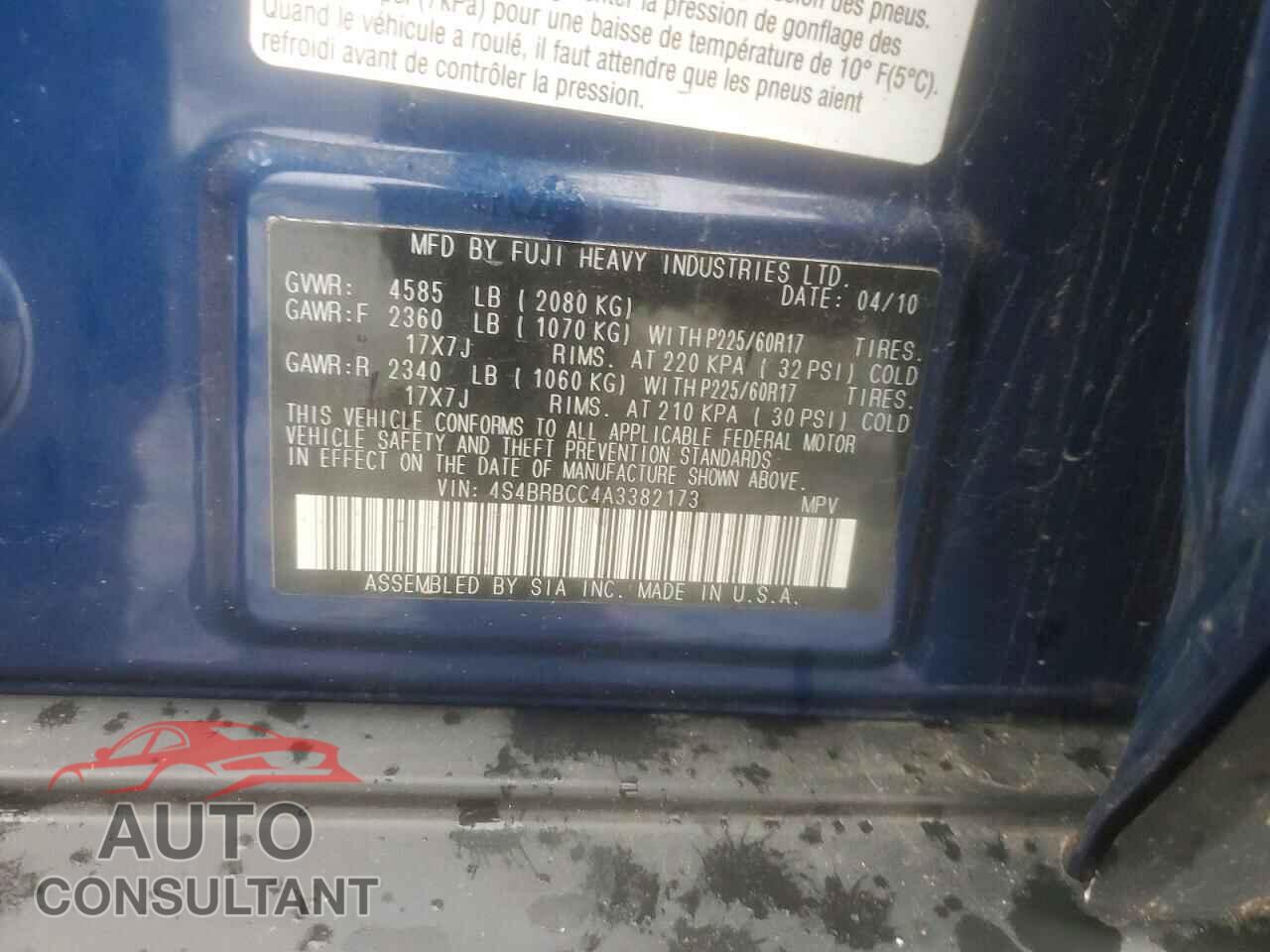 SUBARU OUTBACK 2010 - 4S4BRBCC4A3382173
