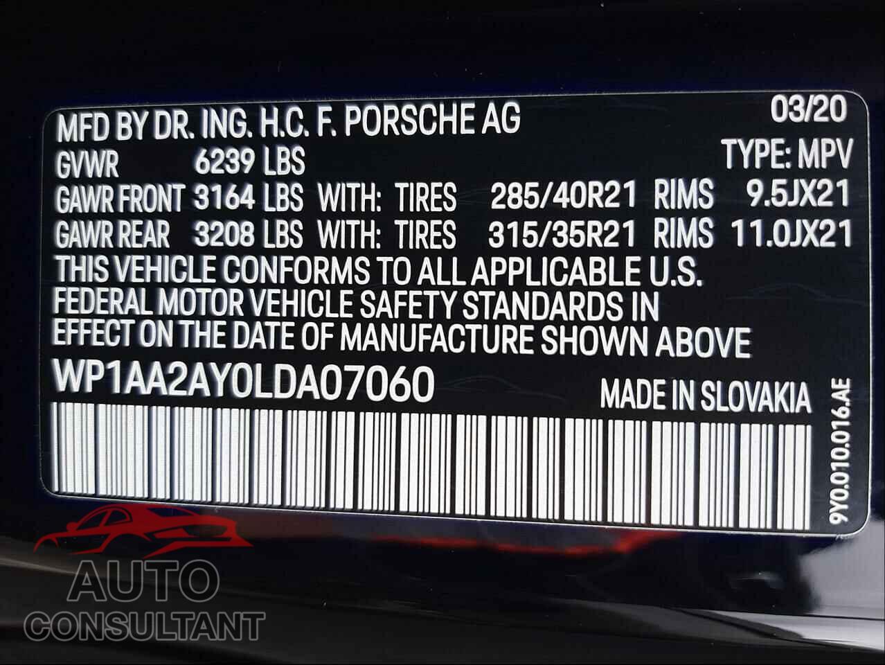 PORSCHE CAYENNE 2020 - WP1AA2AY0LDA07060