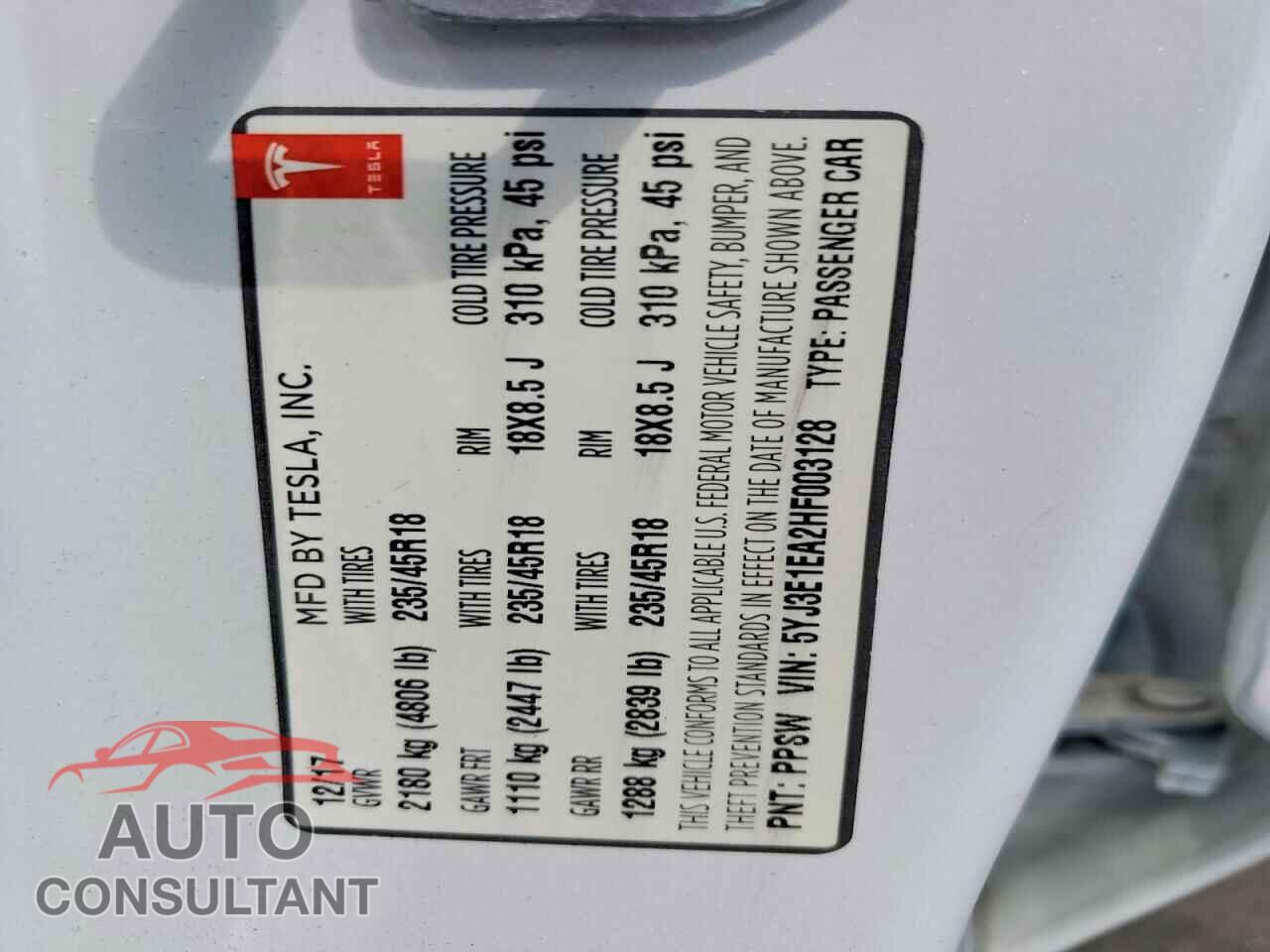 TESLA MODEL 3 2017 - 5YJ3E1EA2HF003128