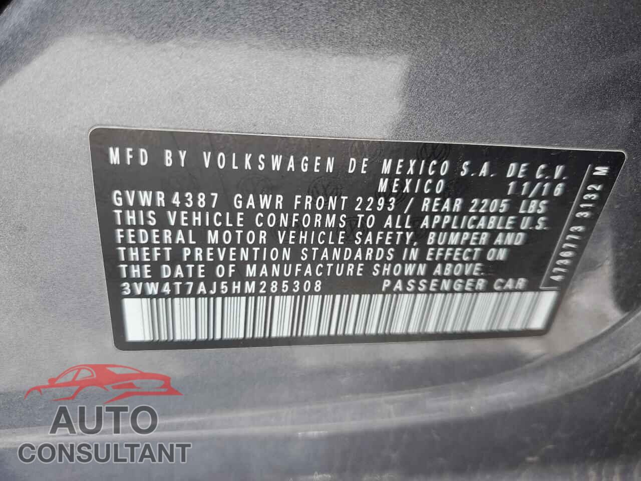 VOLKSWAGEN JETTA 2017 - 3VW4T7AJ5HM285308