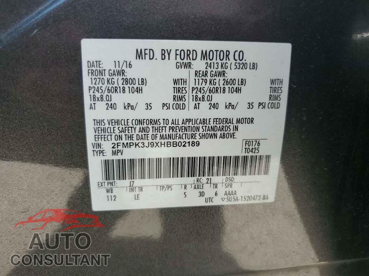 FORD EDGE 2017 - 2FMPK3J9XHBB02189