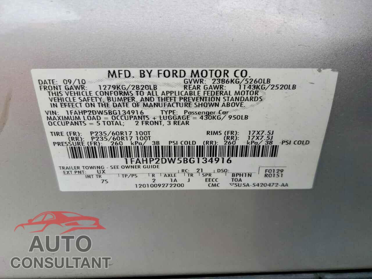 FORD TAURUS 2011 - 1FAHP2DW5BG134916