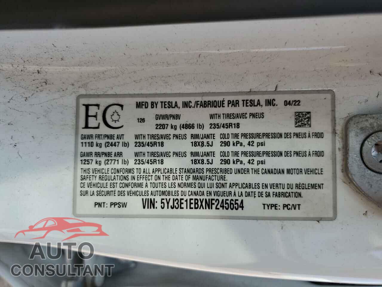 TESLA MODEL 3 2022 - 5YJ3E1EBXNF245654