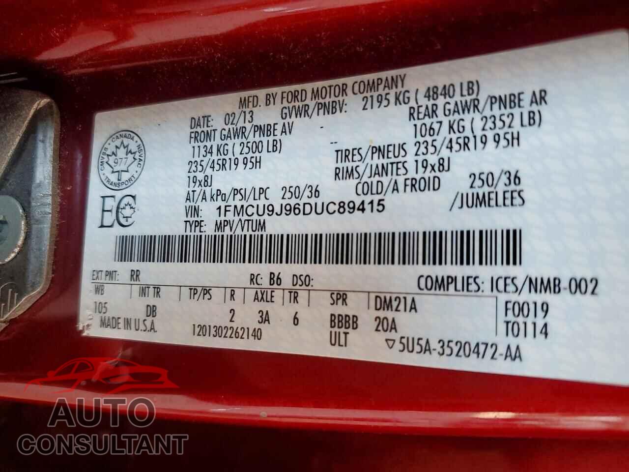 FORD ESCAPE 2013 - 1FMCU9J96DUC89415