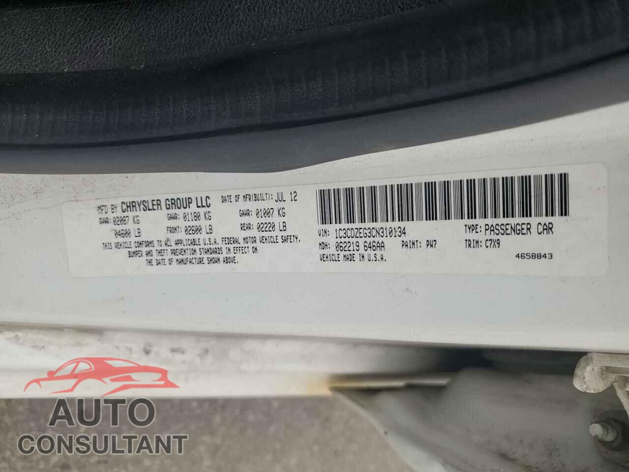 DODGE AVENGER 2012 - 1C3CDZEG3CN310134