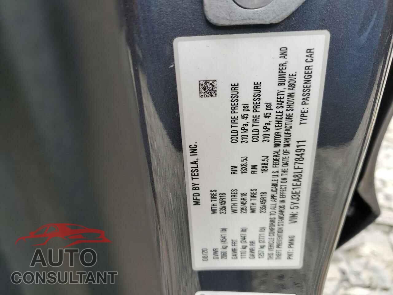 TESLA MODEL 3 2020 - 5YJ3E1EA8LF784911