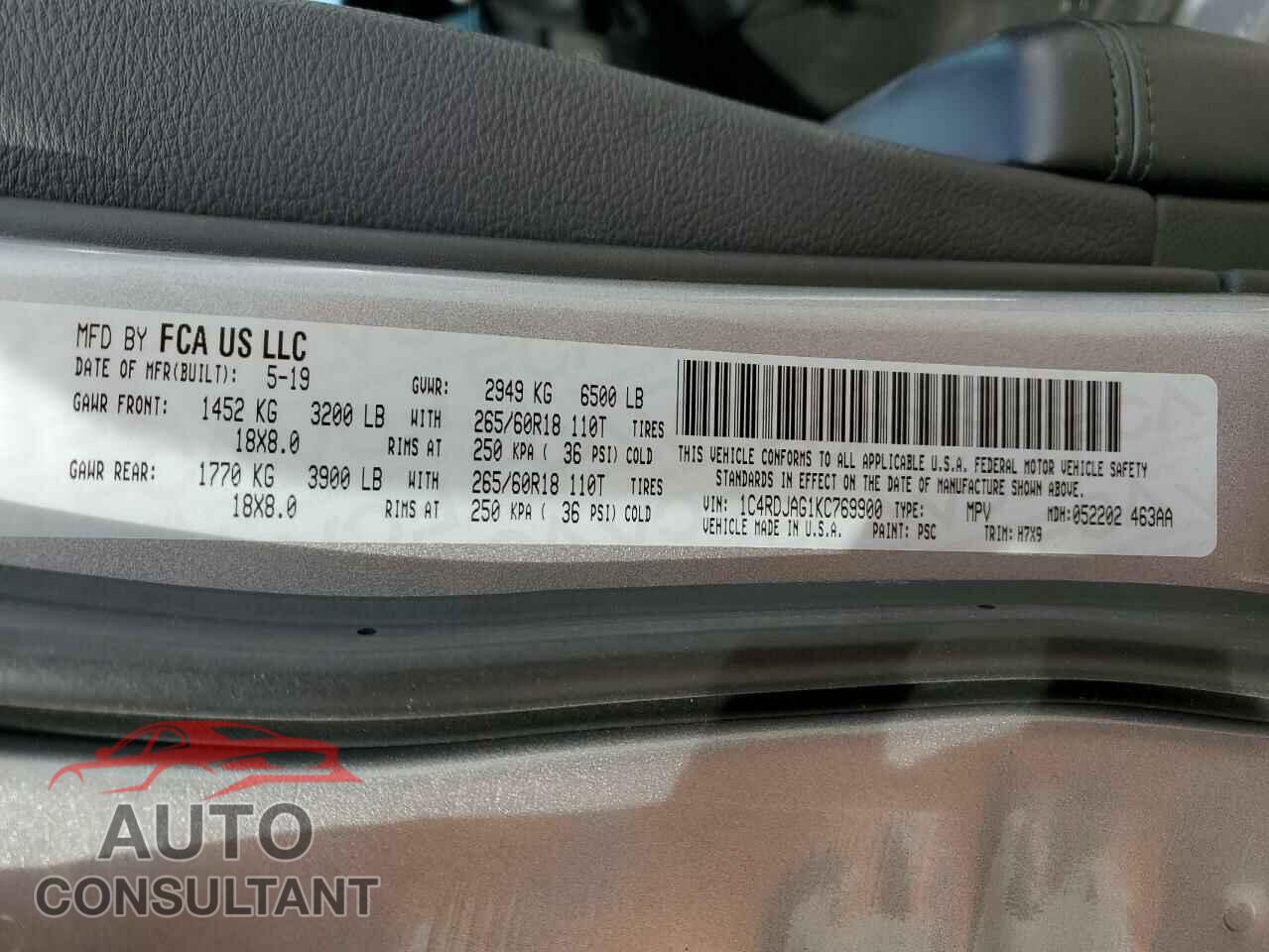 DODGE DURANGO 2019 - 1C4RDJAG1KC769900