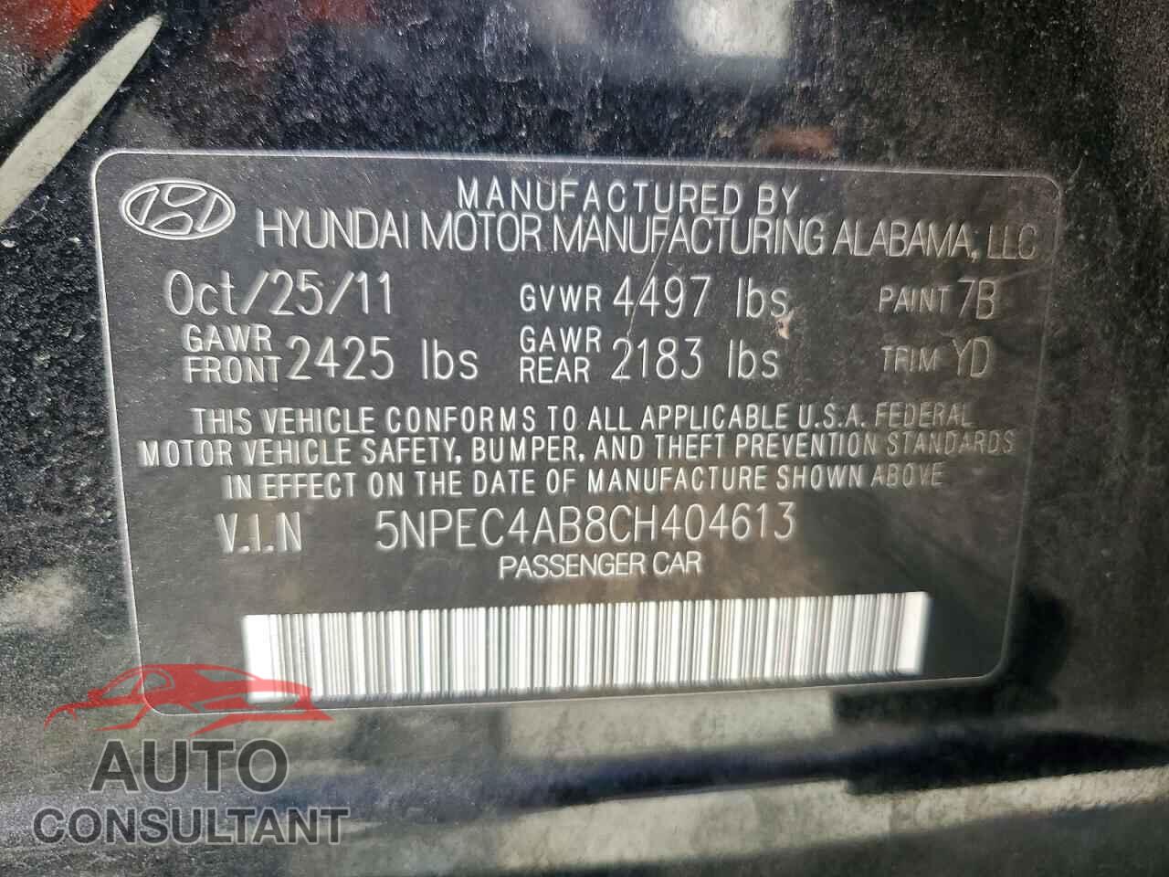 HYUNDAI SONATA 2012 - 5NPEC4AB8CH404613