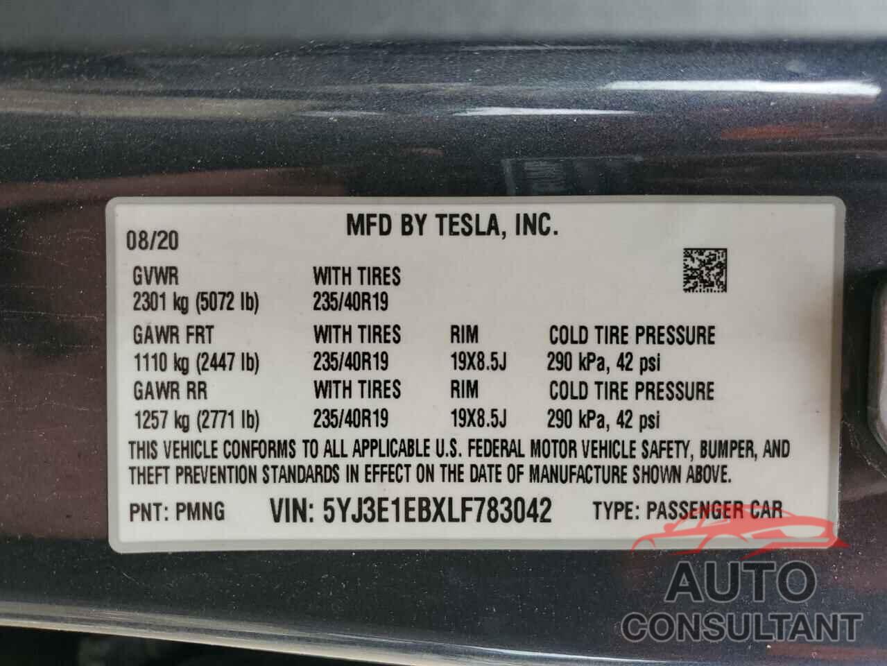 TESLA MODEL 3 2020 - 5YJ3E1EBXLF783042