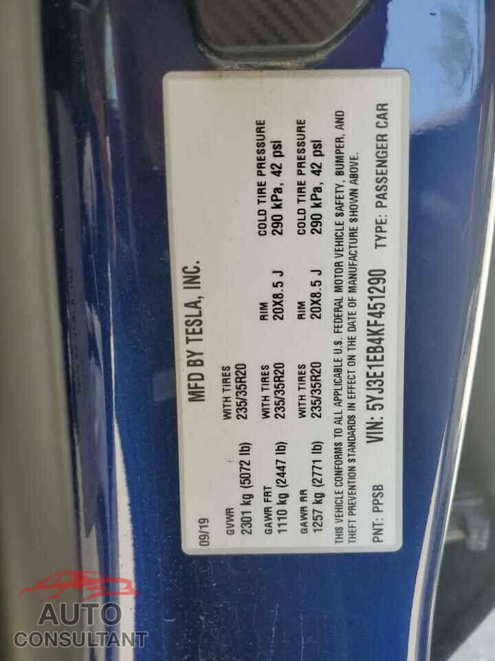 TESLA MODEL 3 2019 - 5YJ3E1EB4KF451290