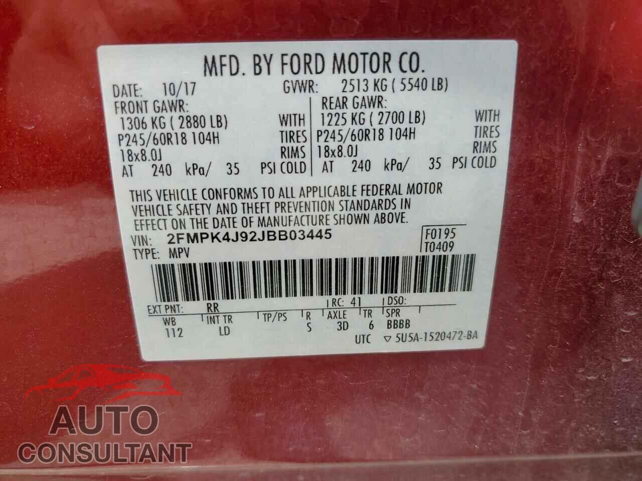 FORD EDGE 2018 - 2FMPK4J92JBB03445