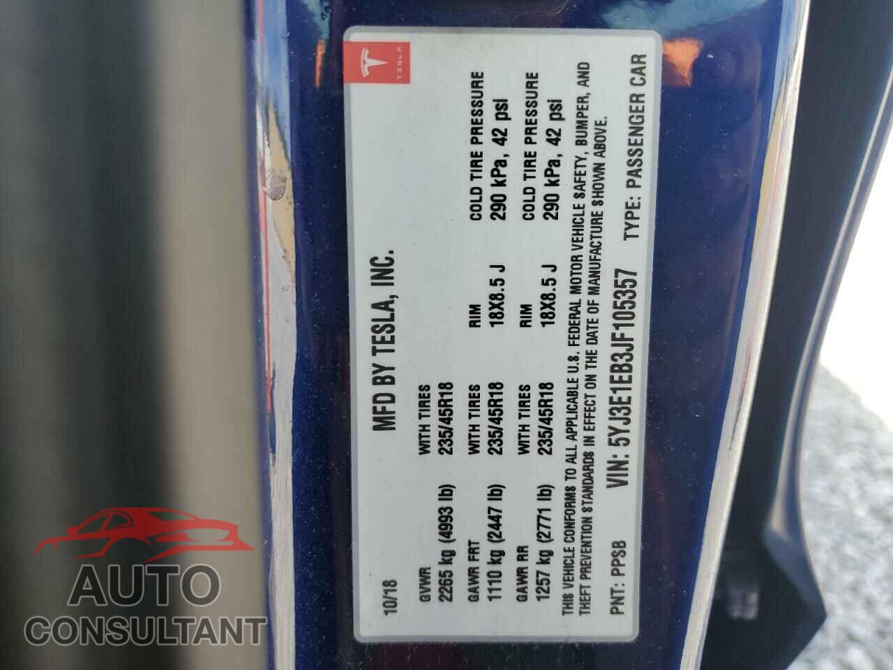TESLA MODEL 3 2018 - 5YJ3E1EB3JF105357