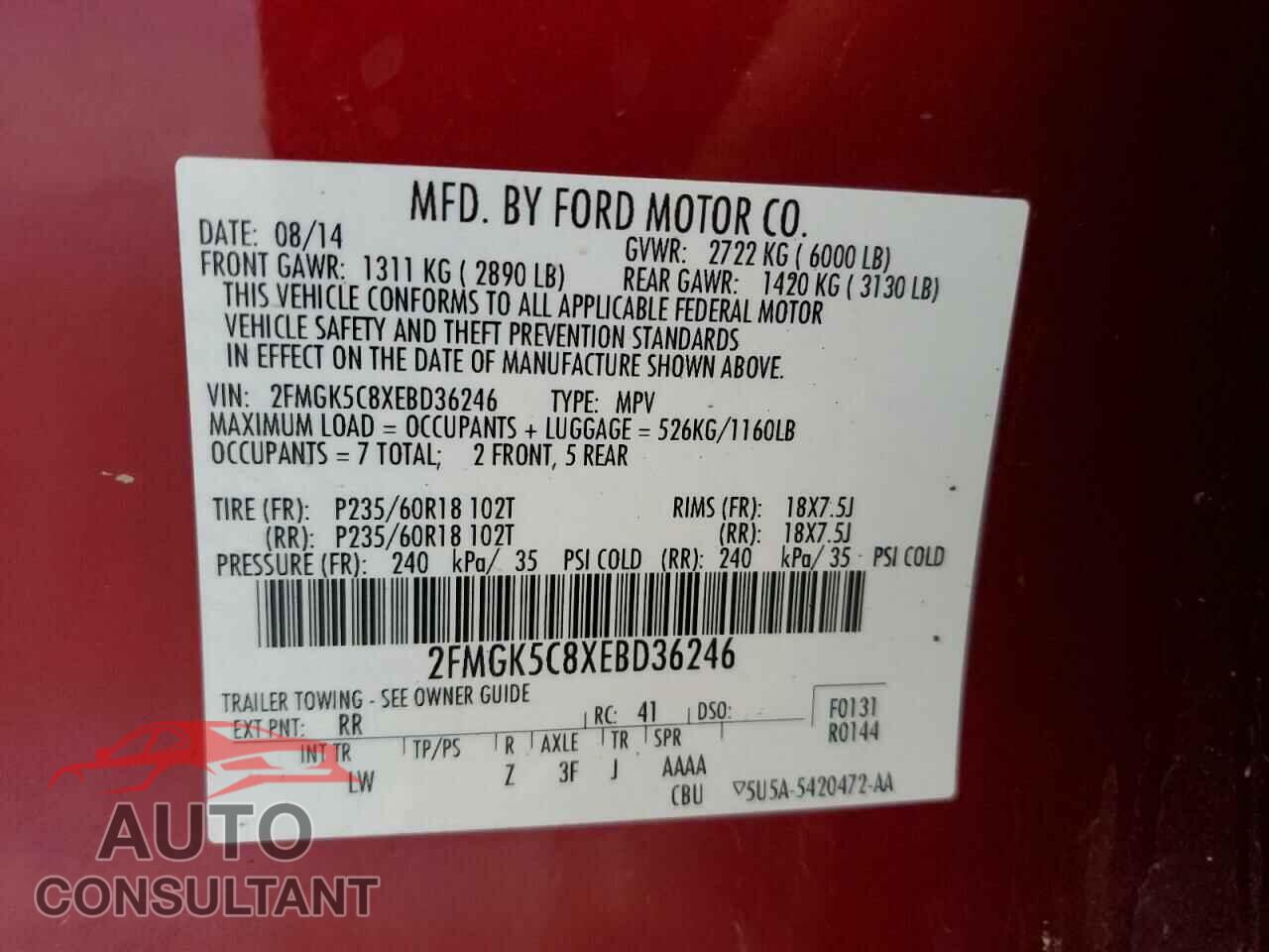 FORD FLEX 2014 - 2FMGK5C8XEBD36246