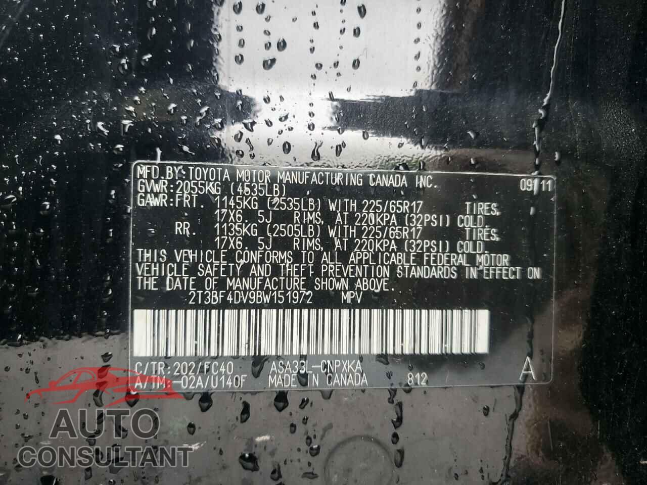 TOYOTA RAV4 2011 - 2T3BF4DV9BW151972