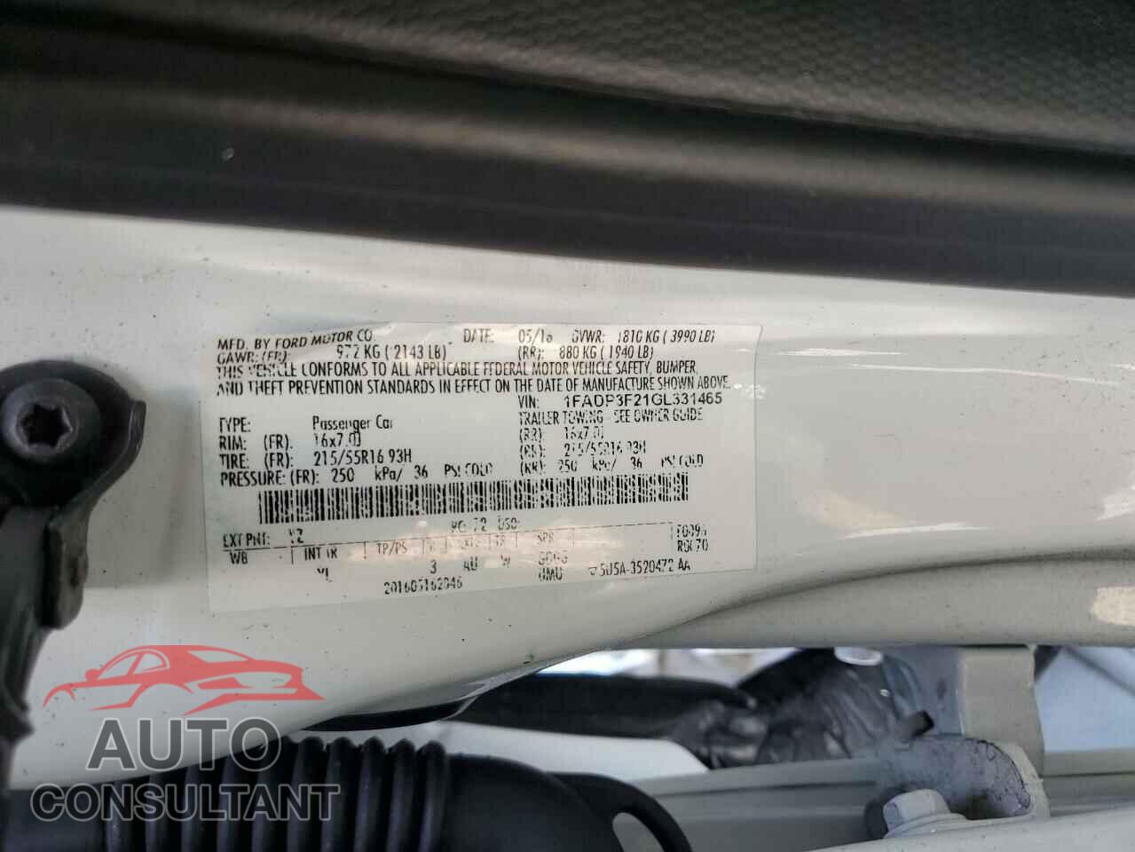 FORD FOCUS 2016 - 1FADP3F21GL331465