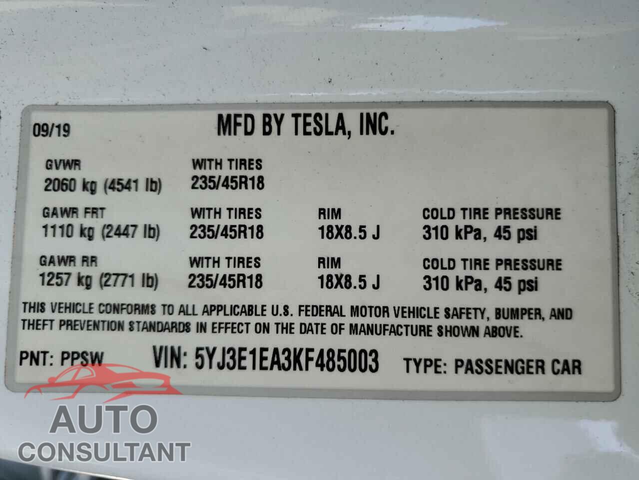 TESLA MODEL 3 2019 - 5YJ3E1EA3KF485003