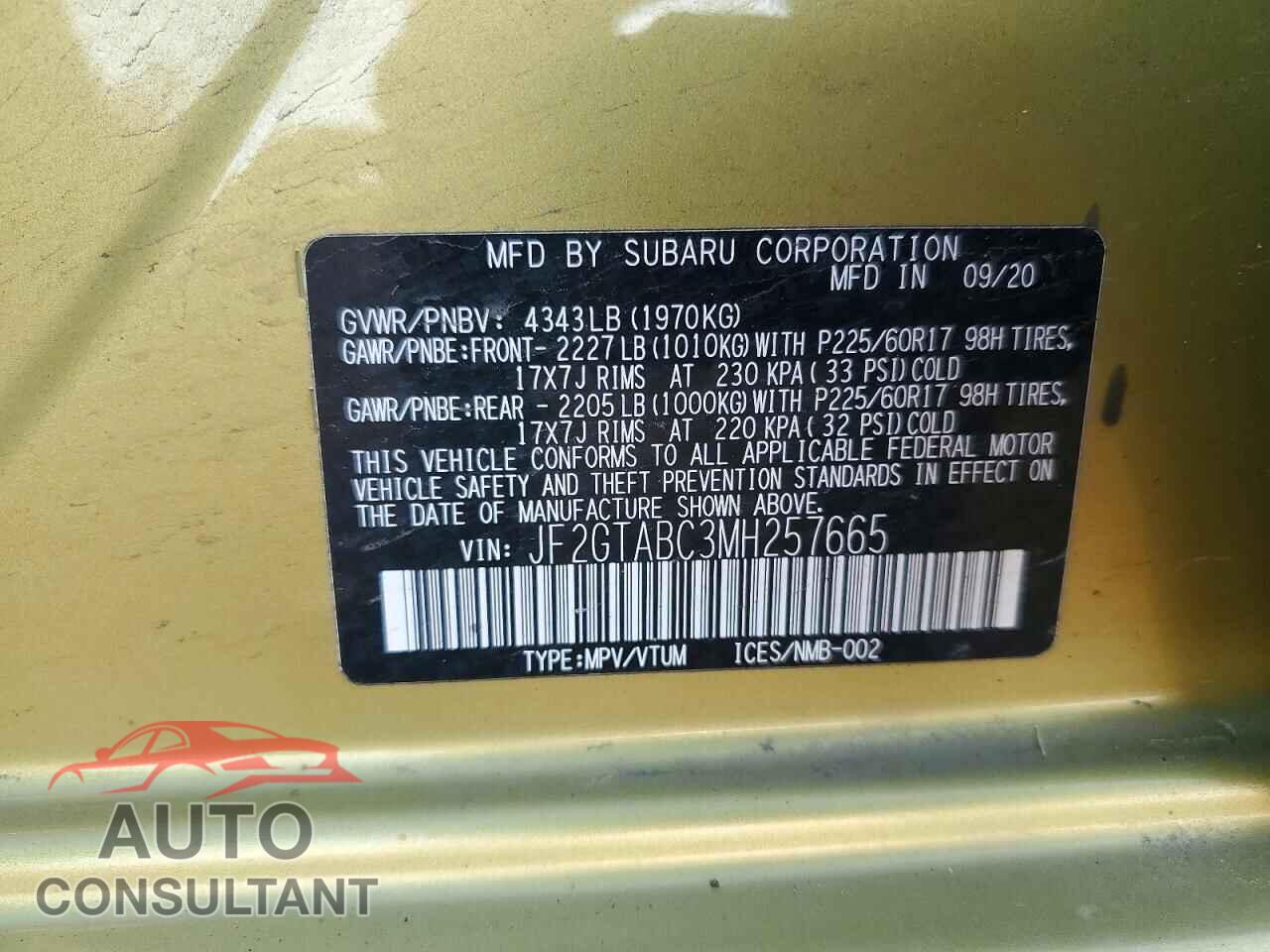 SUBARU CROSSTREK 2021 - JF2GTABC3MH257665