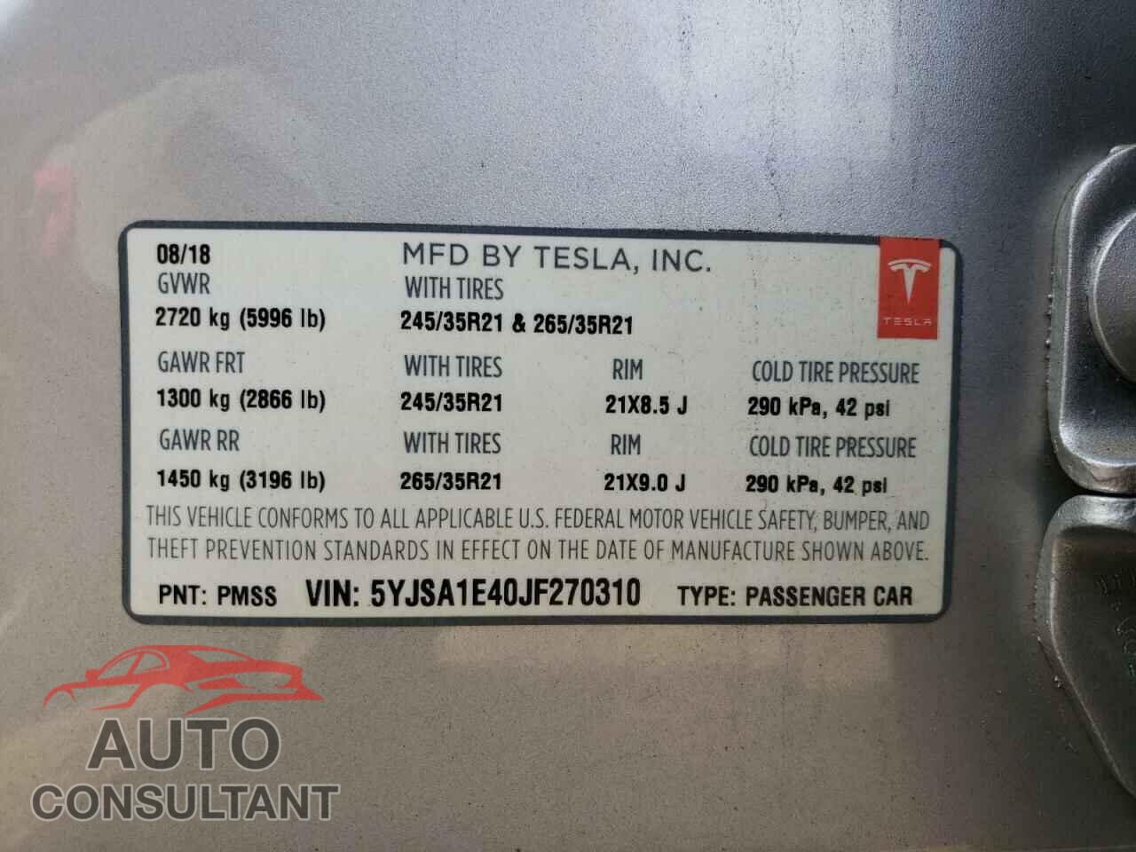 TESLA MODEL S 2018 - 5YJSA1E40JF270310