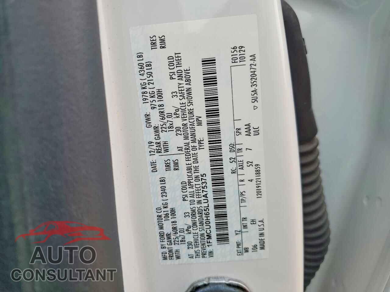 FORD ESCAPE 2020 - 1FMCU0H65LUA75375