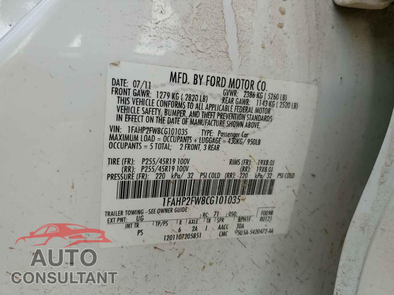 FORD TAURUS 2012 - 1FAHP2FW8CG101035