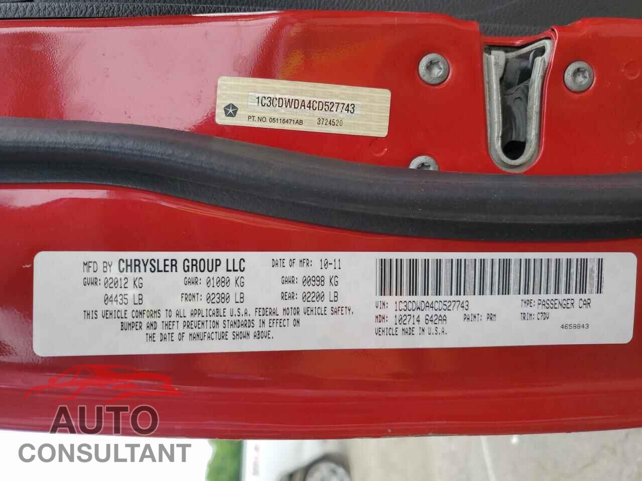 DODGE CALIBER 2012 - 1C3CDWDA4CD527743
