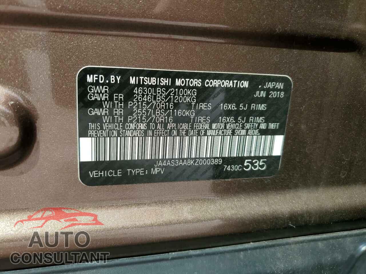 MITSUBISHI ECLIPSE 2019 - JA4AS3AA8KZ000389