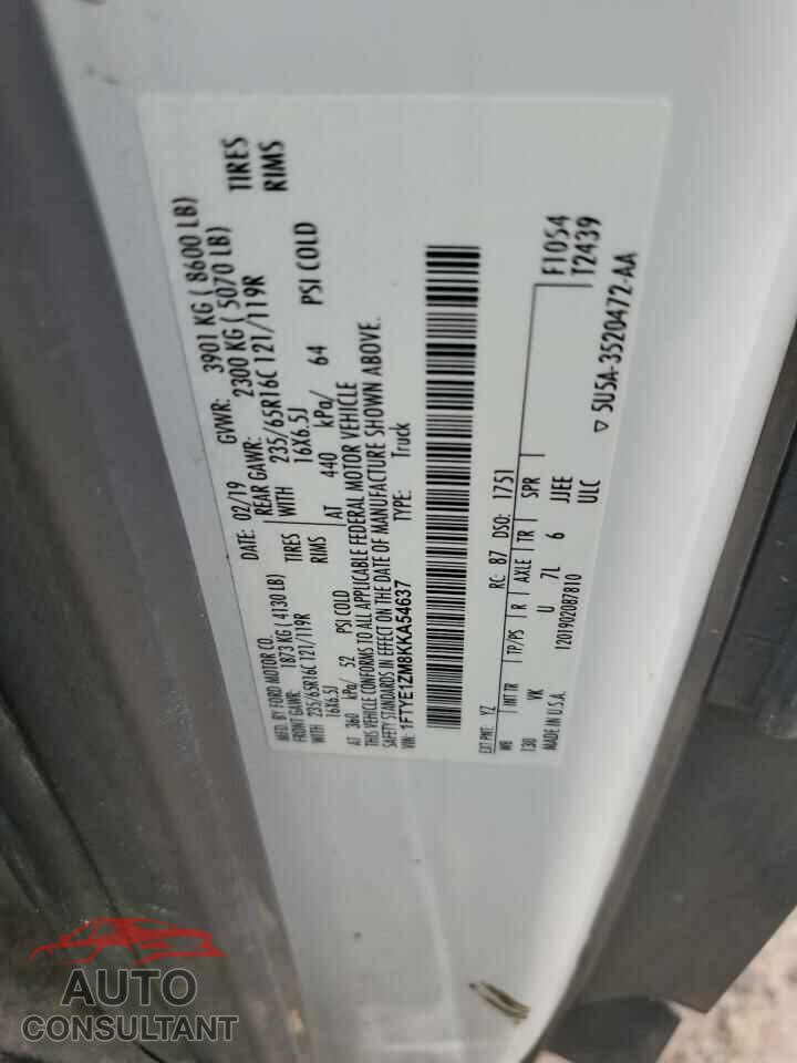 FORD TRANSIT 2019 - 1FTYE1ZM8KKA54637