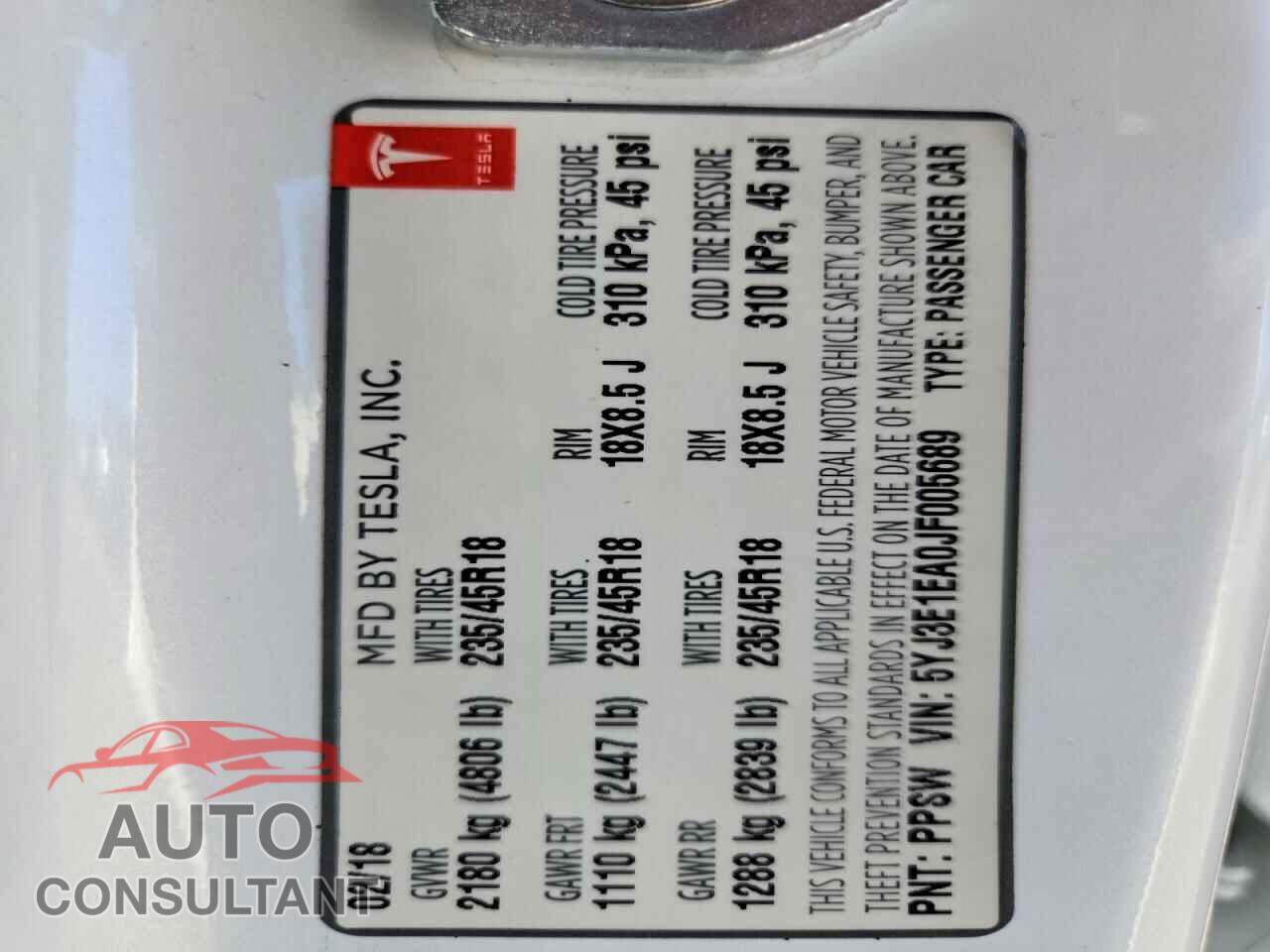 TESLA MODEL 3 2018 - 5YJ3E1EA0JF005689