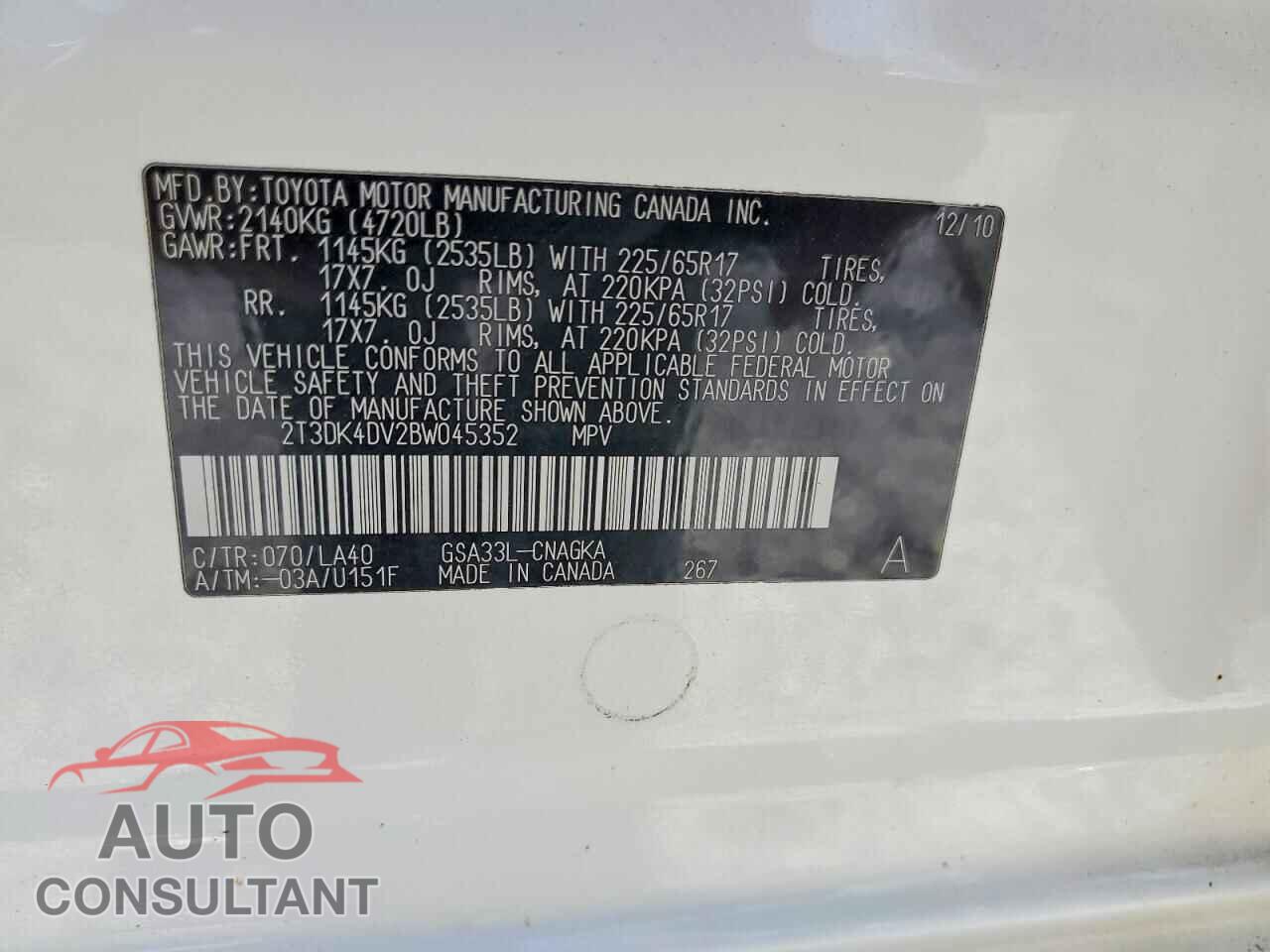 TOYOTA RAV4 2011 - 2T3DK4DV2BW045352