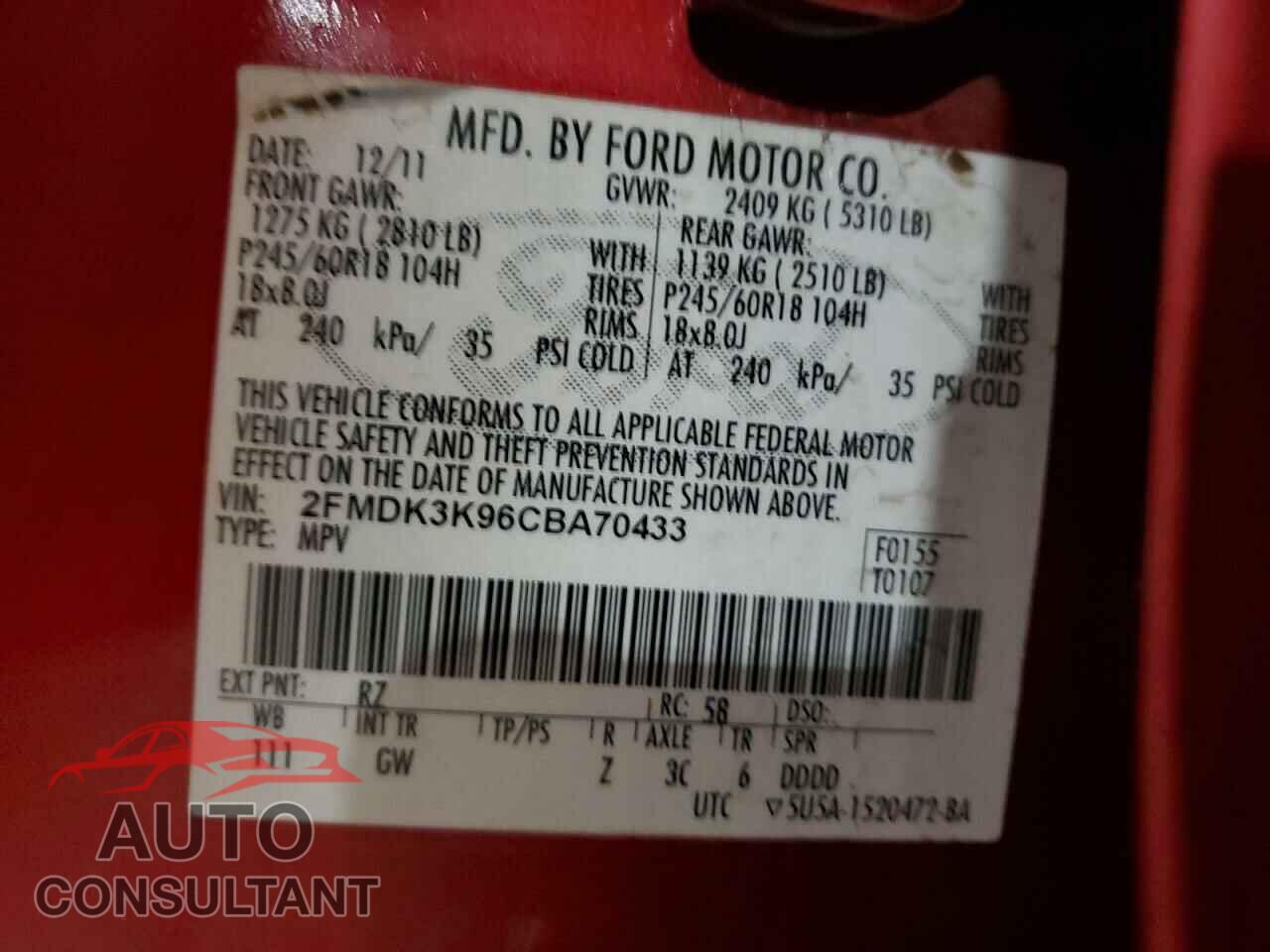 FORD EDGE 2012 - 2FMDK3K96CBA70433