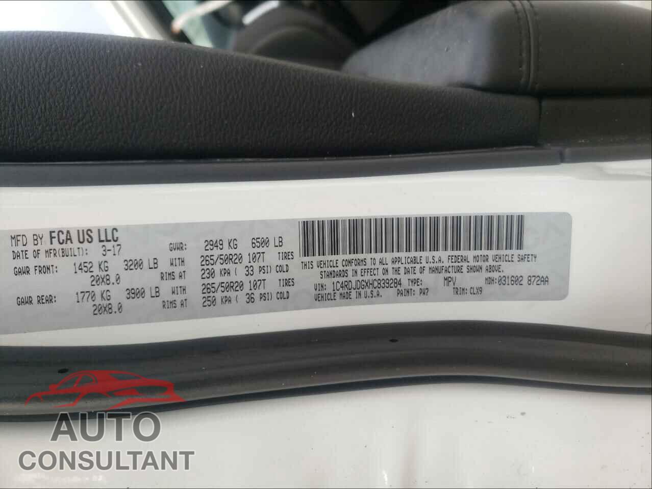 DODGE DURANGO 2017 - 1C4RDJDGXHC839284