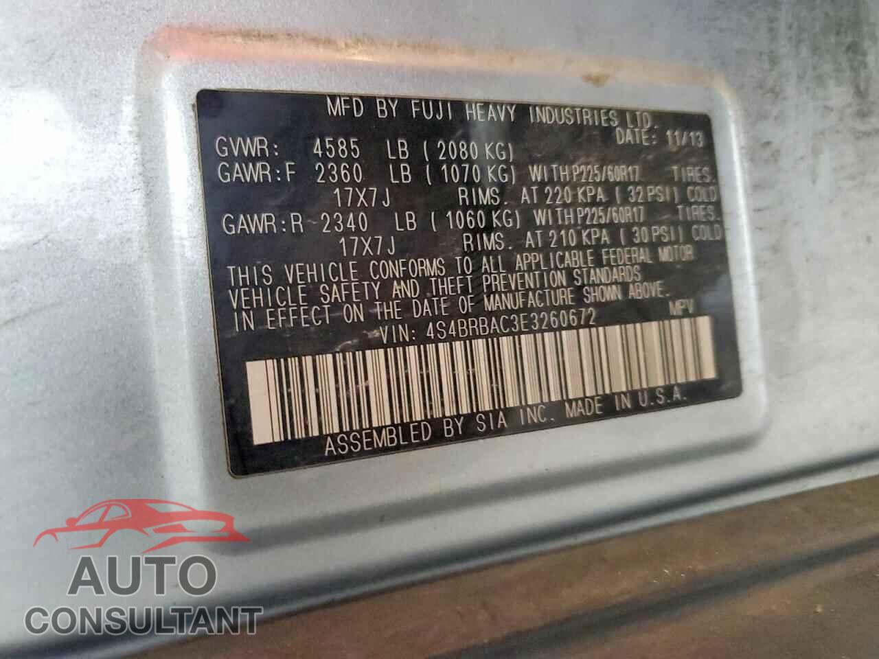SUBARU OUTBACK 2014 - 4S4BRBAC3E3260672
