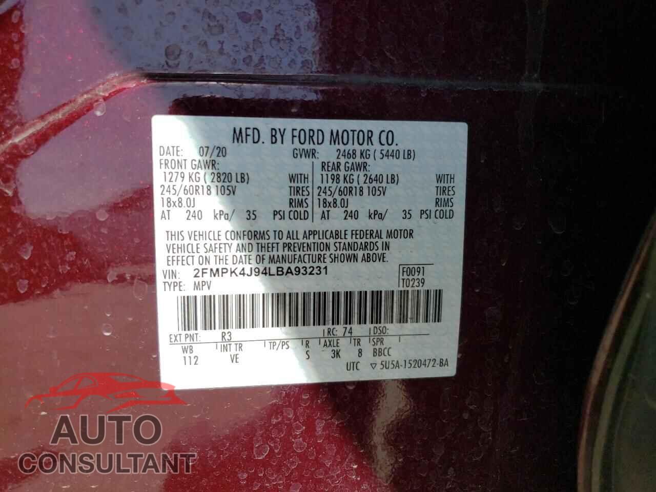 FORD EDGE 2020 - 2FMPK4J94LBA93231