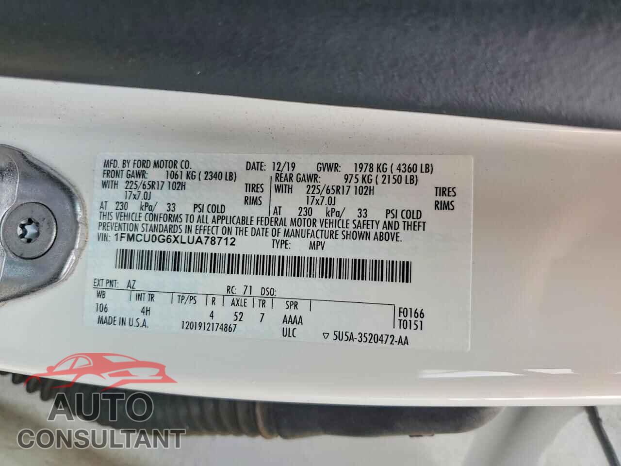 FORD ESCAPE 2020 - 1FMCU0G6XLUA78712
