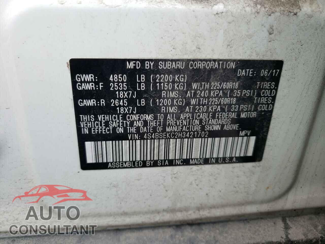SUBARU OUTBACK 2017 - 4S4BSEKC2H3421702