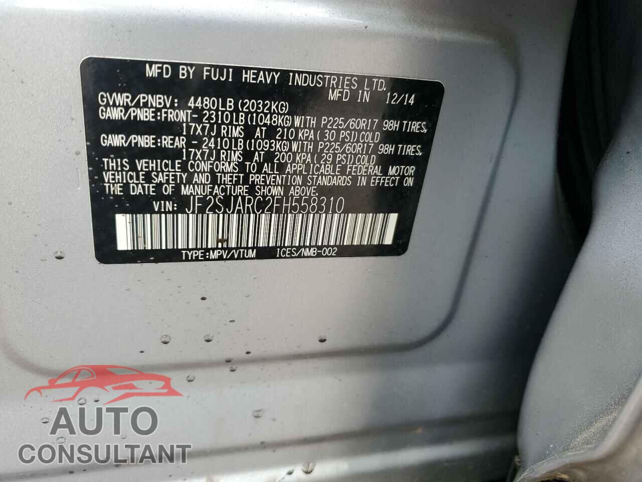 SUBARU FORESTER 2015 - JF2SJARC2FH558310