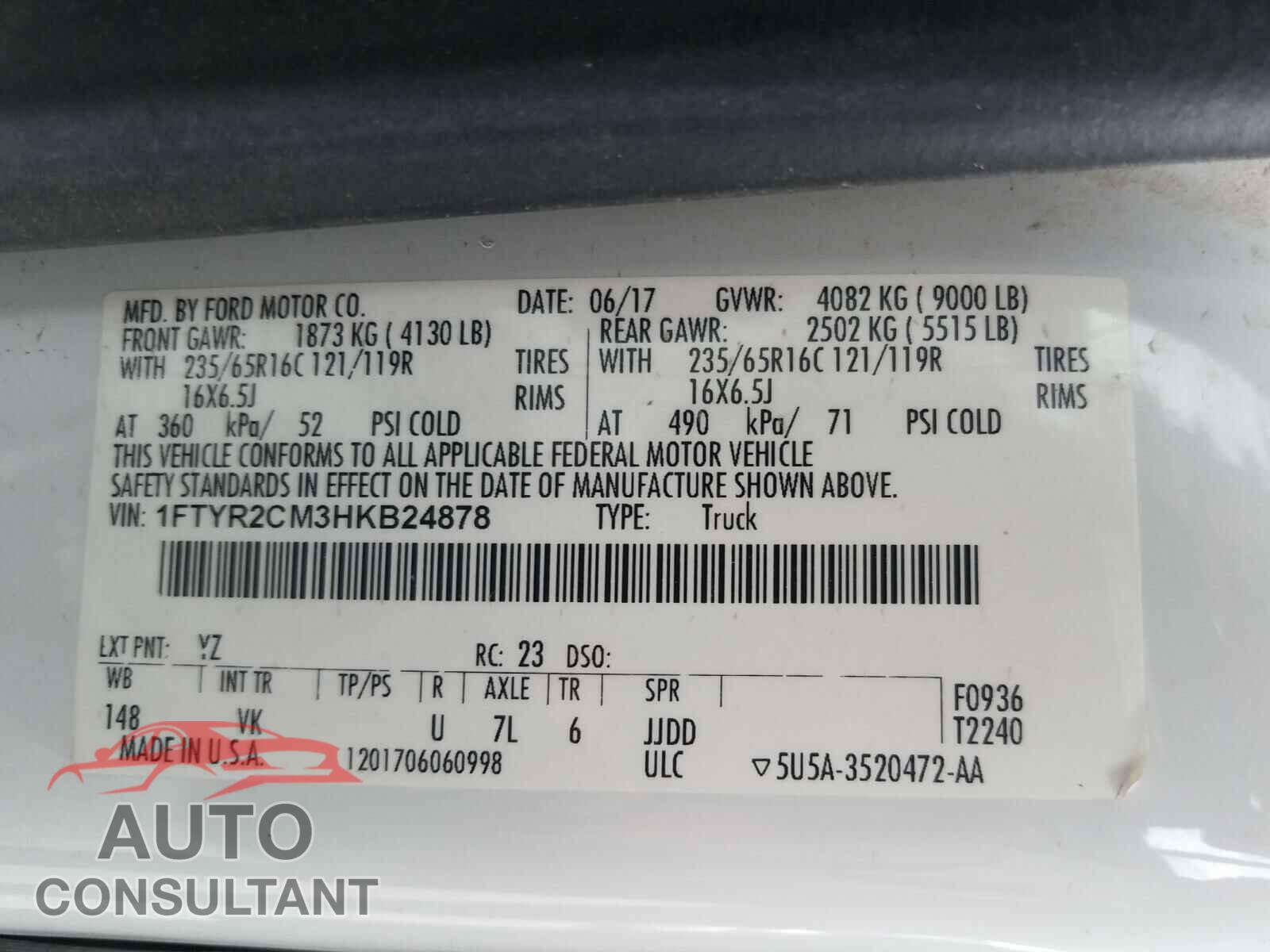 FORD TRANSIT CO 2017 - 1FTYR2CM3HKB24878