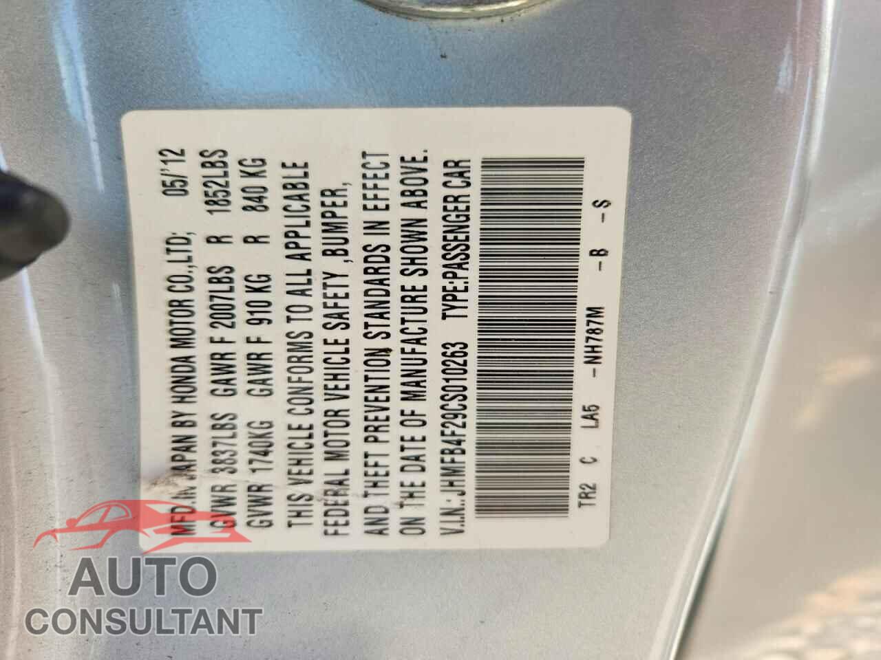 HONDA CIVIC 2012 - JHMFB4F29CS010263