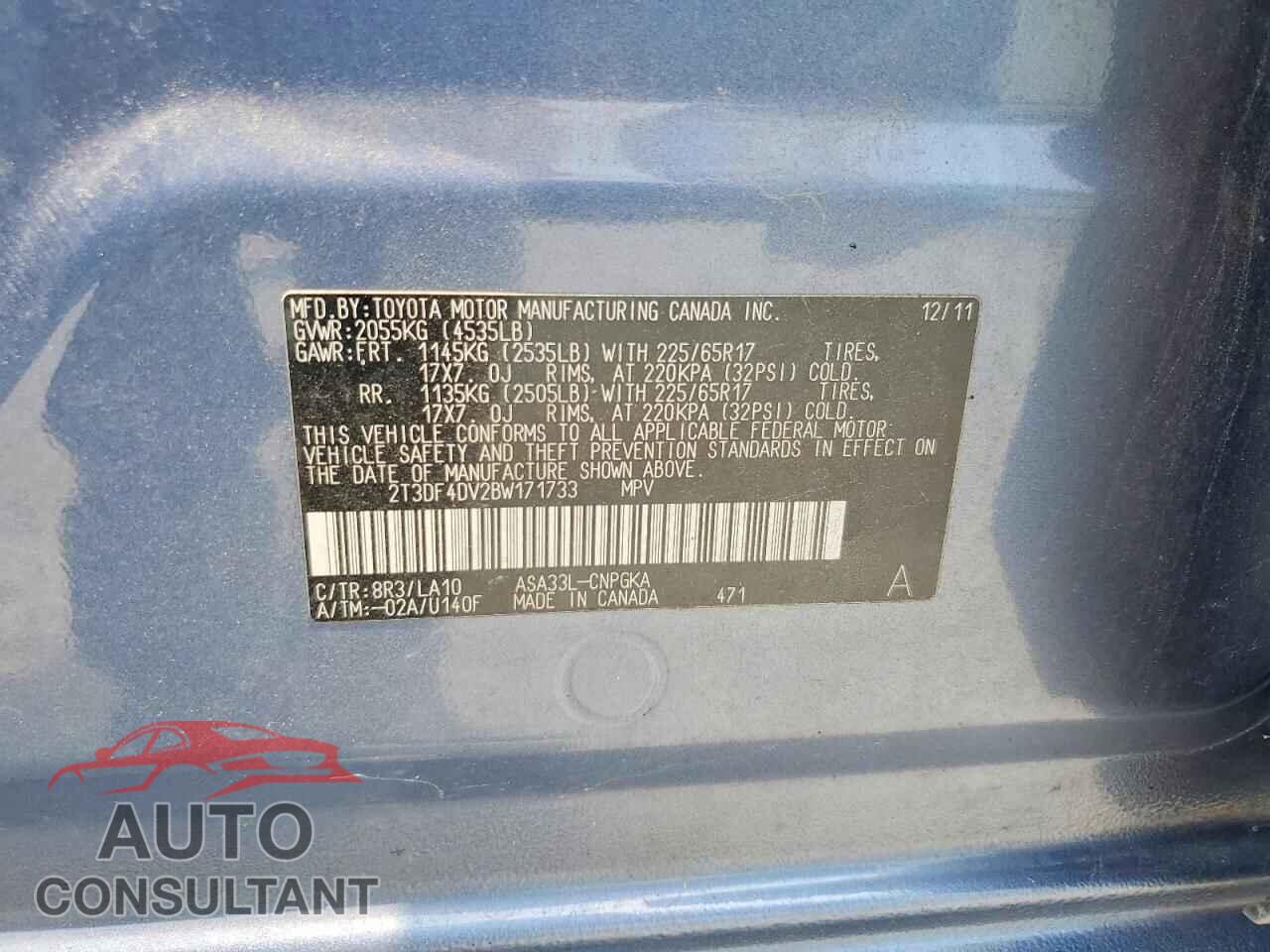TOYOTA RAV4 2011 - 2T3DF4DV2BW171733