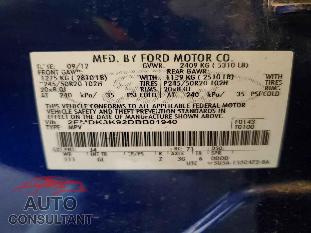FORD EDGE 2013 - 2FMDK3K92DBB01940