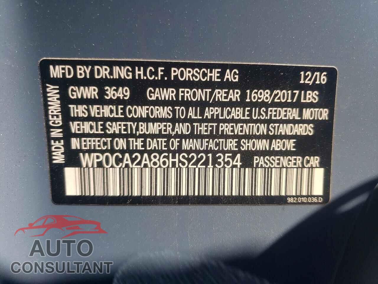 PORSCHE BOXSTER 2017 - WP0CA2A86HS221354