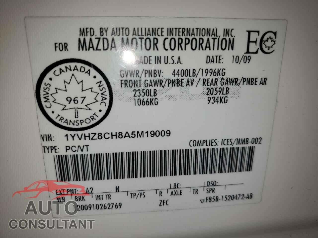 MAZDA 6 2010 - 1YVHZ8CH8A5M19009