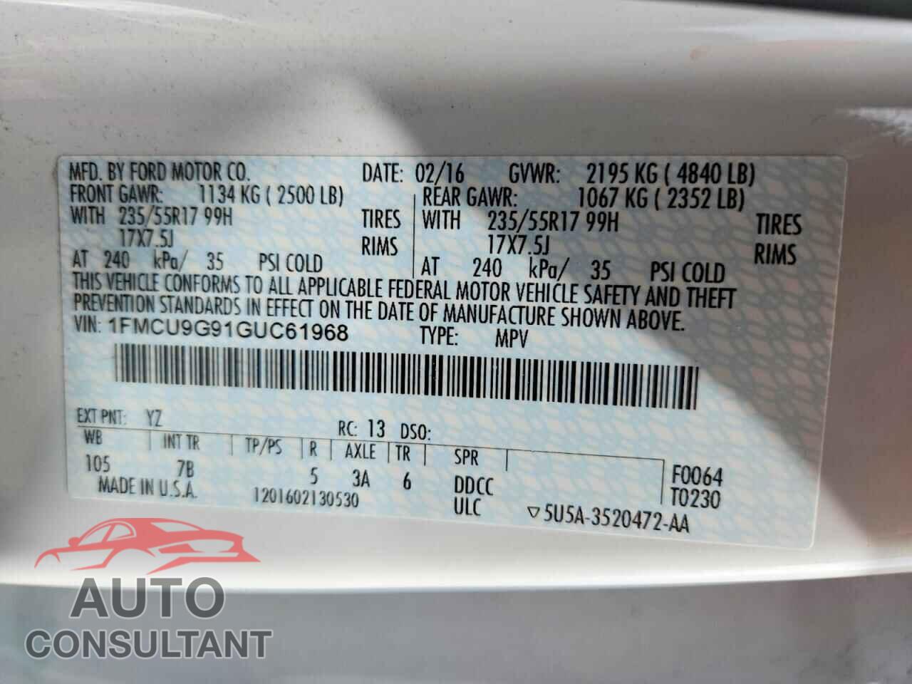 FORD ESCAPE 2016 - 1FMCU9G91GUC61968