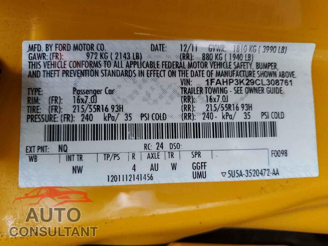 FORD FOCUS 2012 - 1FAHP3K29CL308761