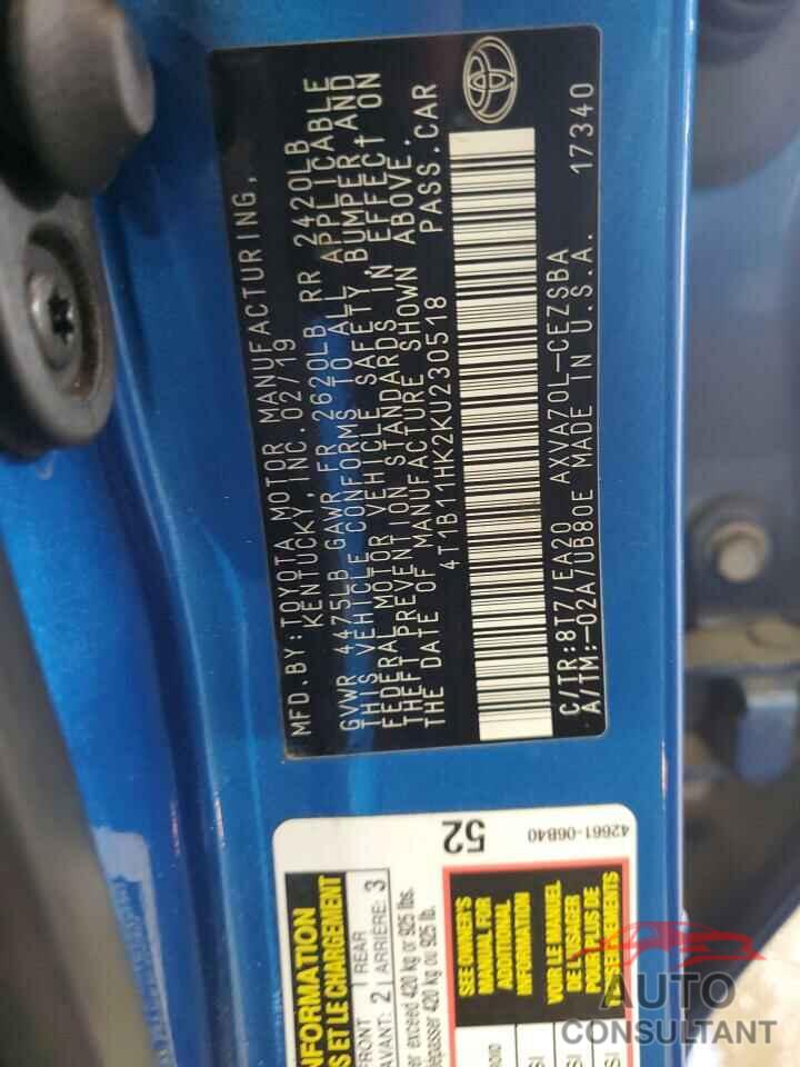 TOYOTA CAMRY 2019 - 4T1B11HK2KU230518