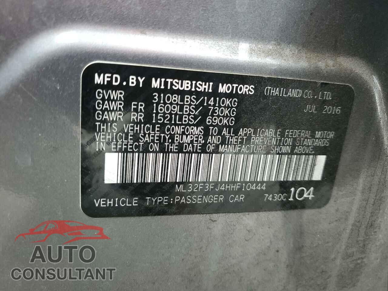 MITSUBISHI MIRAGE 2017 - ML32F3FJ4HHF10444